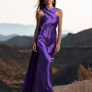 Versátil – Vestido largo de satén multiposición con capa