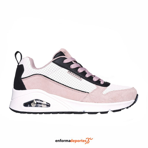 ZAPATILLA MUJER SKECHERS UNO – TWO MUCH FUN | PINK SUEDE/ BLACK & WHITE