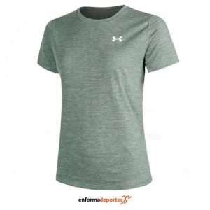 CAMISETA MUJER UNDER ARMOUR TECH SSC- TWIST | SILICA GREEN/WHITE